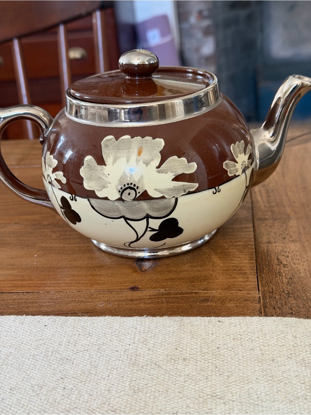 Gibsons Staffordshire England Brown Cream Poppy Teapot Silver Lustre Trim